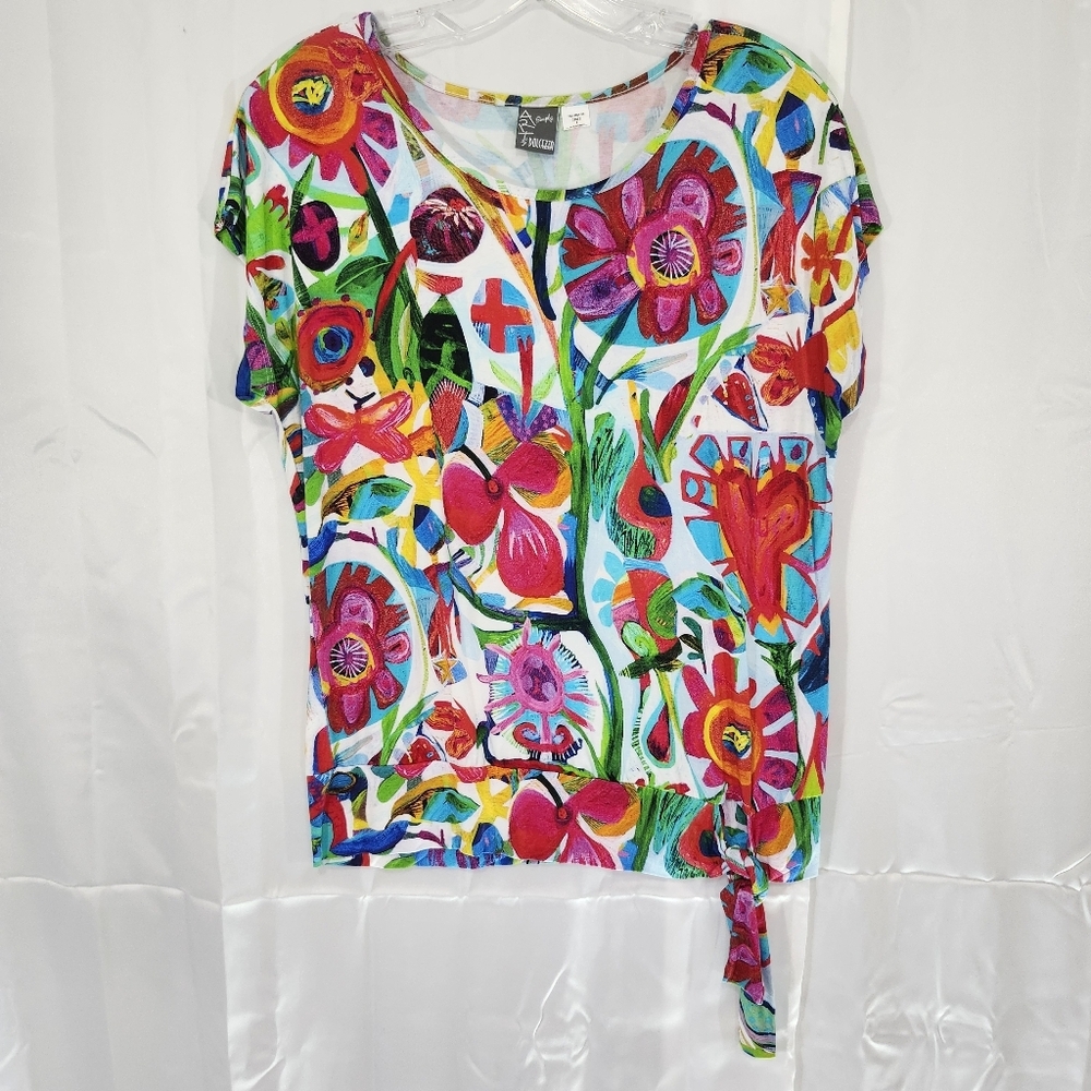 Dolcezza Size Small Pink Red Graphic Tie Front Blouse